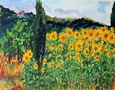 Cypress Tree and Sunflowers